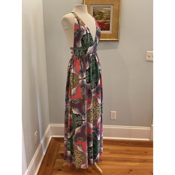 Yumi Kim Enchanted Silk Maxi Dress‎ Mosaic Print Back Cutout Detail Size Medium - Picture 3 of 11